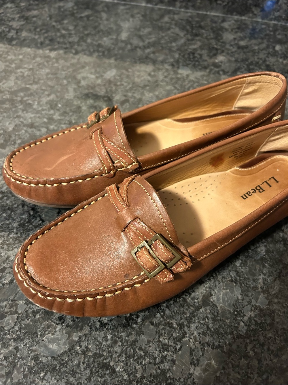 L.L. Bean Tan Leather Slip-On Loafers with Buckle Accent 7.5